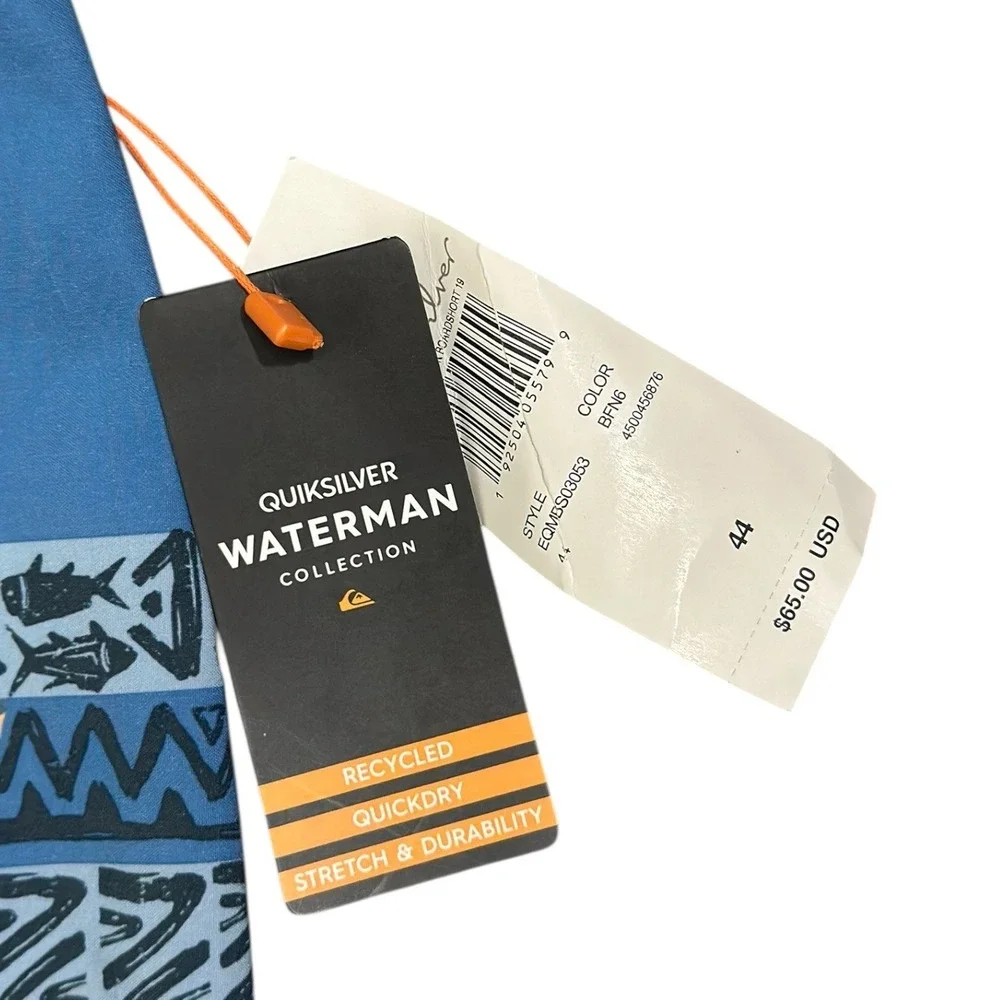 Quiksilver Waterman Board Shorts Liberty Tribal Fish Blue Gray Men's Size 44 NWT